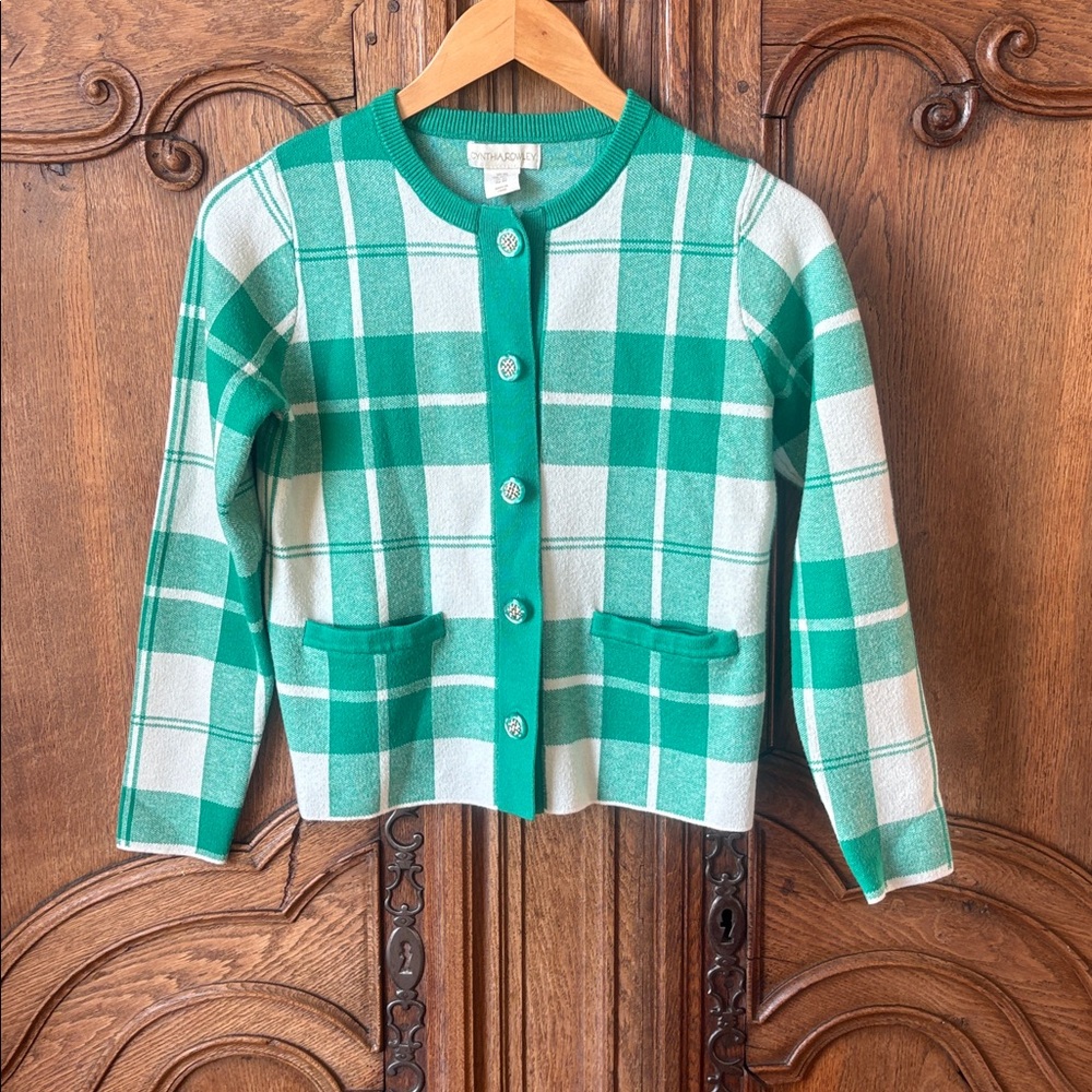 Cynthia Rowley Plaid Button Up Cardigan Green and White Long Sleeve - Picture 3 of 10
